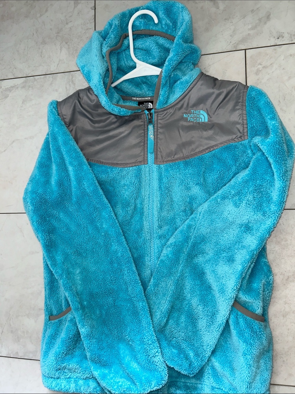 The North Face Kids Aqua Blue & Gray Fleece Jacket with Hood